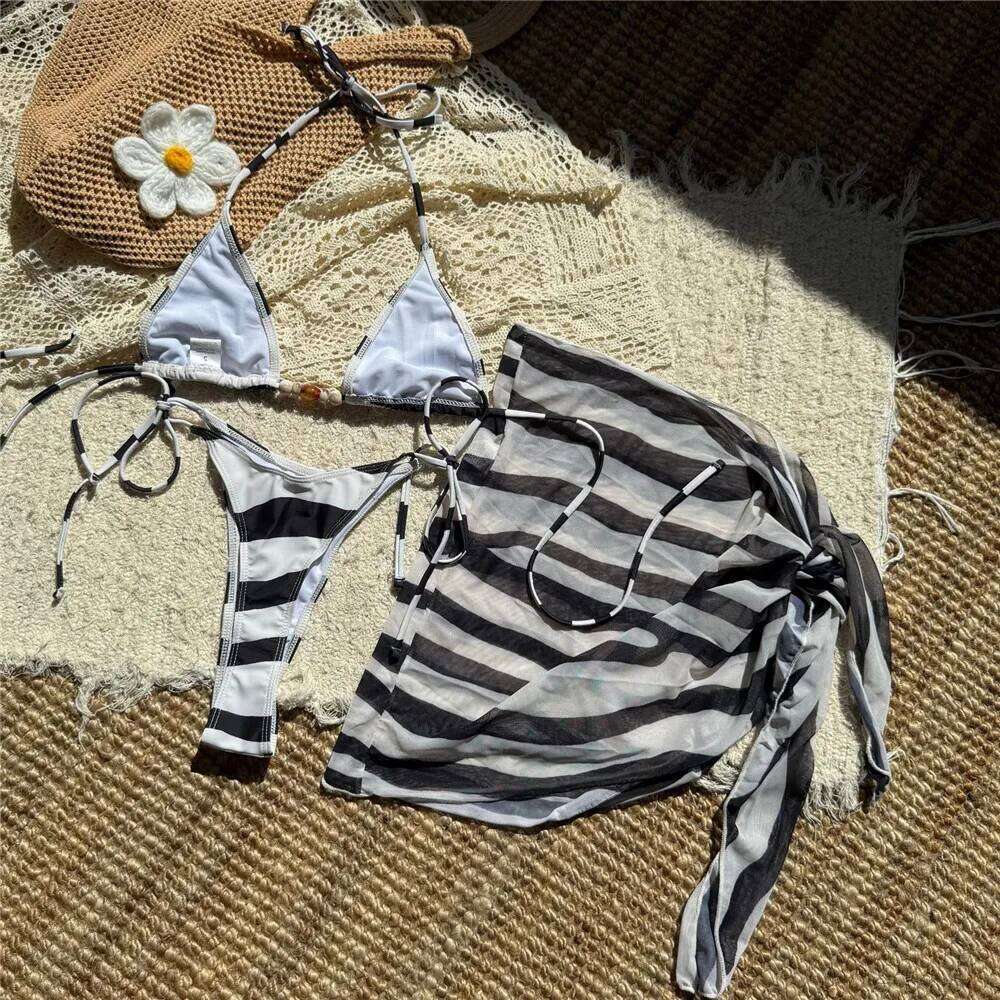 Black White Patchwork Swimwear Halter String Triangle 3 Piece Bikini Set Cover Up Micro Thong Sexy Swimsuit Women 2026 Beachwear Z260301