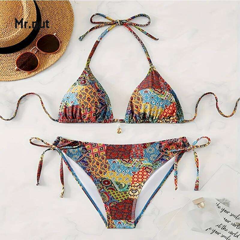 Mr. Nut 2025 New Neck Print Lace Up Split Women Sexy Beach Leak Back Swimsuit Bikini Z260301