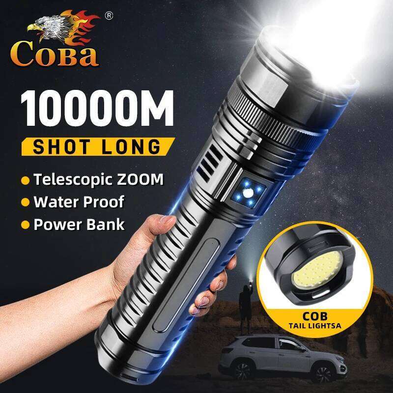 COBA Flashlight Built-in Battery Flash Light Emergency Spotlights 4km 10000LM Most Powerful Led Flashlights Tactical 15000mah Z260301