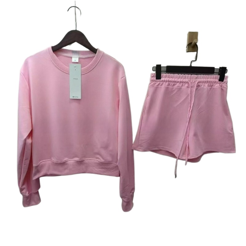 New Solid-color Spring and Summer Round-neck Sport Sweatshirt, Shorts and Casual Set with Drawstring