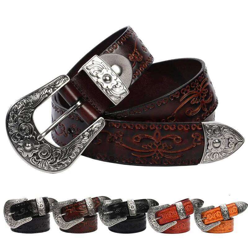 3.8cm Width Men Genuine Leather Vintage Luxury Print Pin Buckle High Quality Cowskin Cowhide Strap Jeans Belt S260228