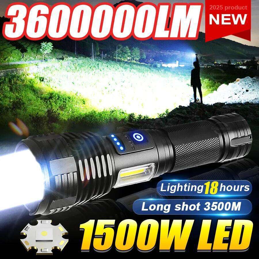 1500W LED Super Bright Flashlights USB Rechargeable Waterproof Tactical Torch With Side Lights Outdoor Fishing Adventure Lantern Z260301