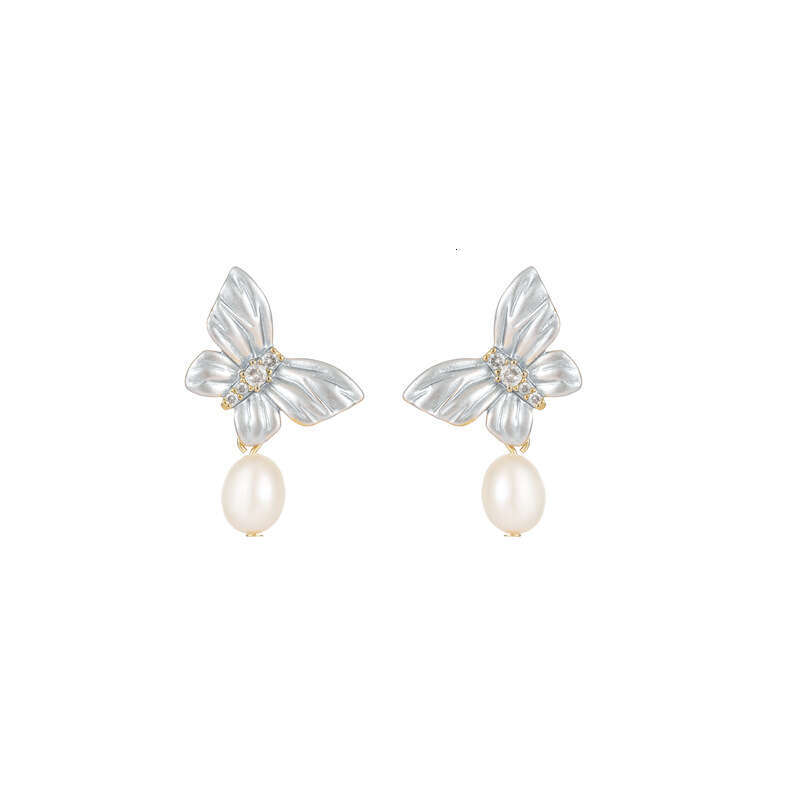 Natural Freshwater Pearl Earrings With Glazed Butterfly Design S925 Silver Stud Earrings Light Luxury Fashion Ear Accessories