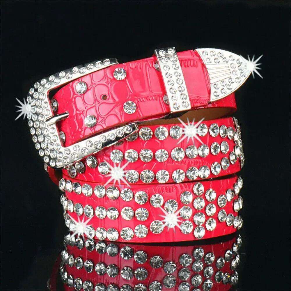 Women Adjustable Studded Rhinestone Belt Waistband Bling Crystal PU Leather S260228