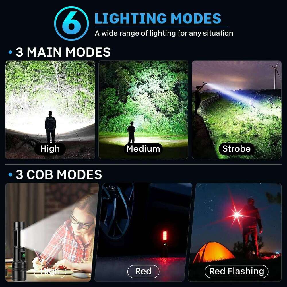 Rechargeable Flashlights 2 Pack, 99,000lm Super Bright LED, 6 Modes Adjustable, Powerful Handheld for Camping Home Z260301