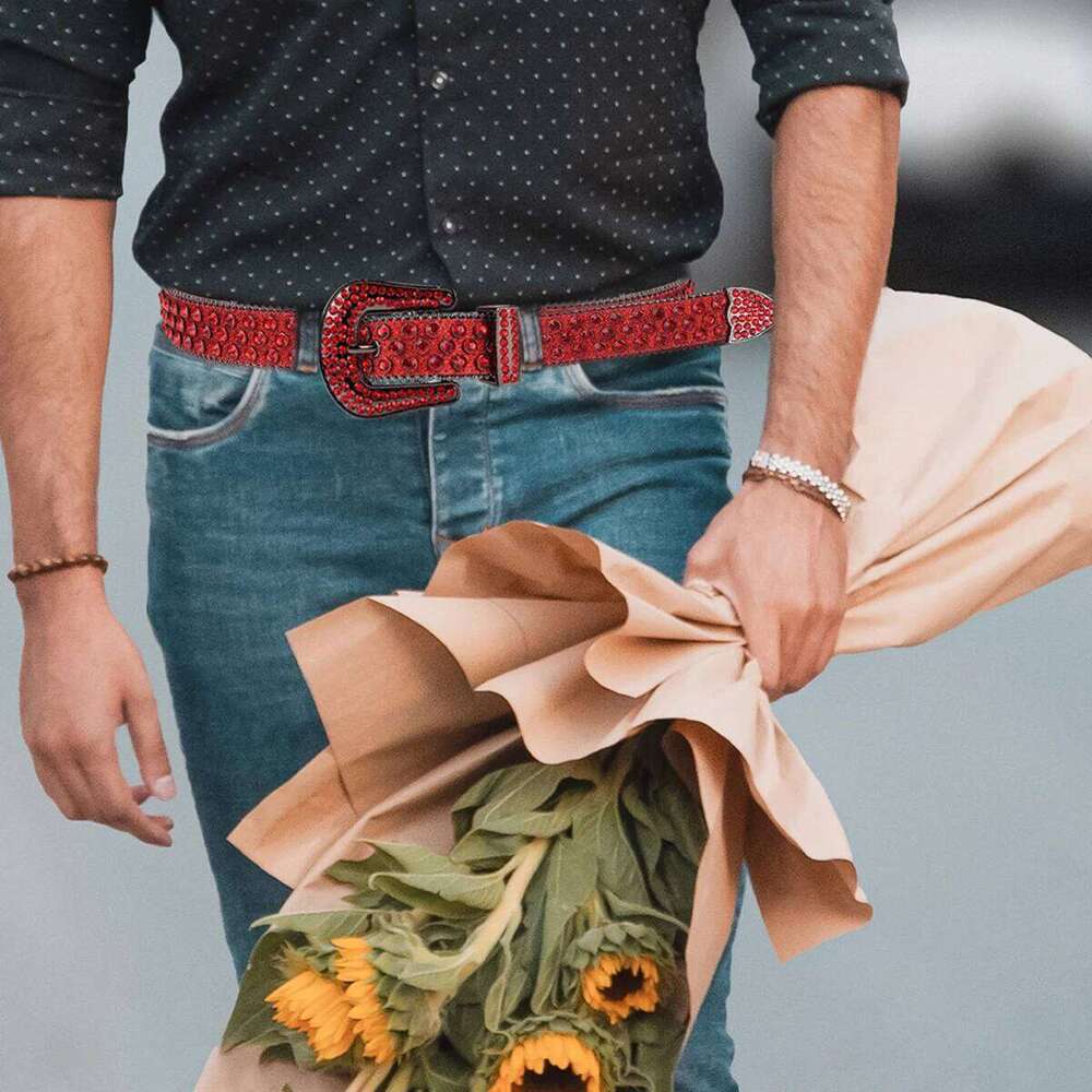 Men's Women's Fashion Sparkle Red Rhinestone Strap Western Cowboy Cowgirl Bling Crystal Studded Belt for Jeans Dress S260228