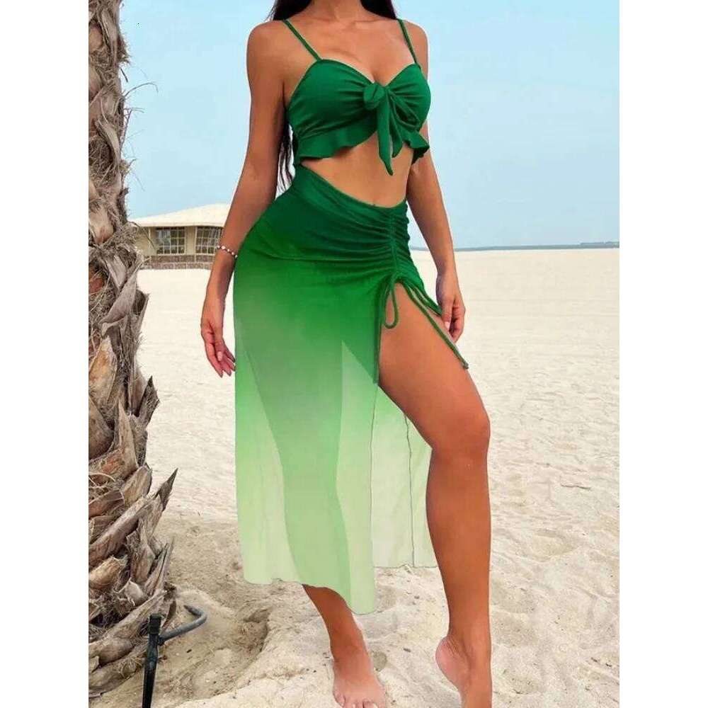 Sexy Blue Dye Gradient Bikini Set 2026 Women Front Tie Ruffles Push Up Skirt 3 Piece Swimsuit Beach Bathing Suit Swimwear Z260301