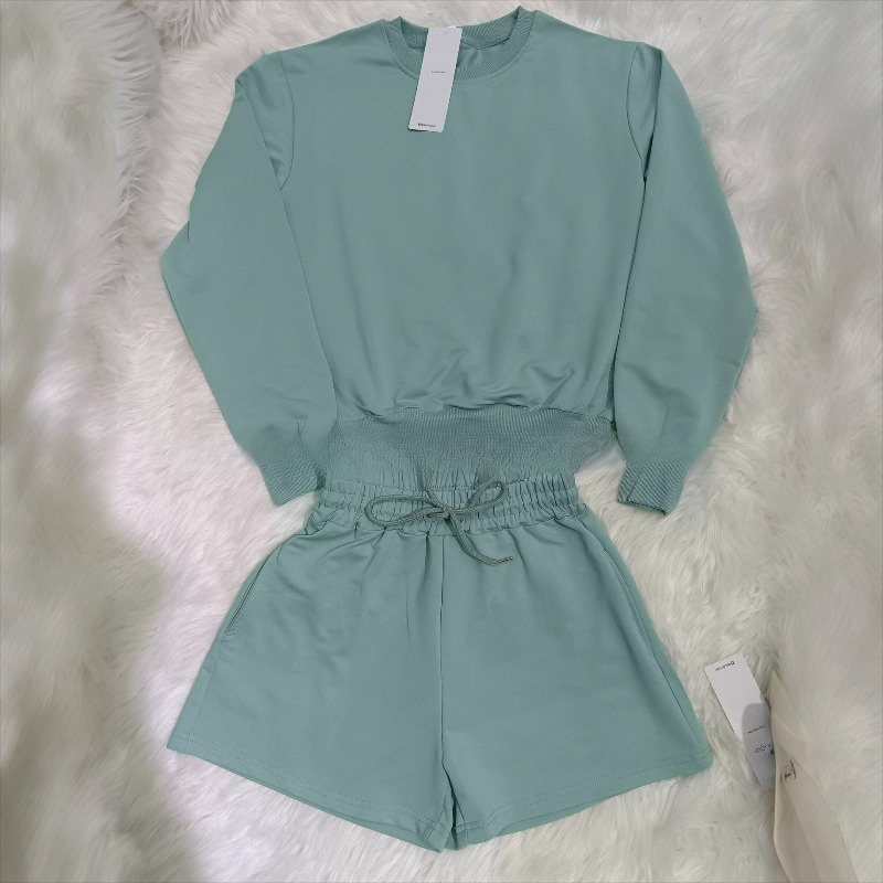 New Solid-color Spring and Summer Round-neck Sport Sweatshirt, Shorts and Casual Set with Drawstring