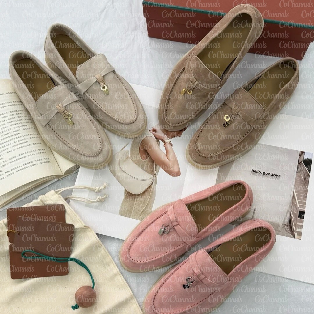 Womens Dress Shoes Cashmere Top Quality Deerskin Metal Buttons Loafers Men Designers Buckle Round Toes Flat Hee Loroness Pianaly Pianoly Loraness Pian Lori dbe