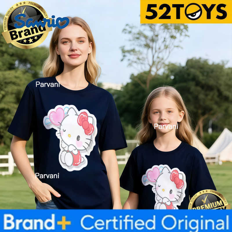 Sanrio 2026 Autumn-Winter Trending Hello Kitty Heart Bubble Print 100 Cotton Parent-Child T-Shirts High Quality Loose Casual Y2k H260302