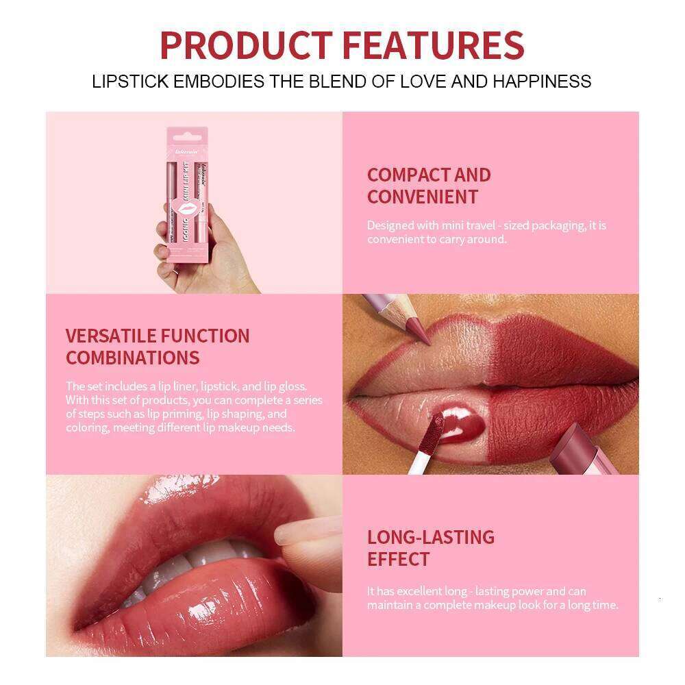 Lakerain 3pcs Makeup Mirror Effect Smooth High Color Rendering Long Lasting Hydration Liner Lip Gloss Lipstick Set H260302