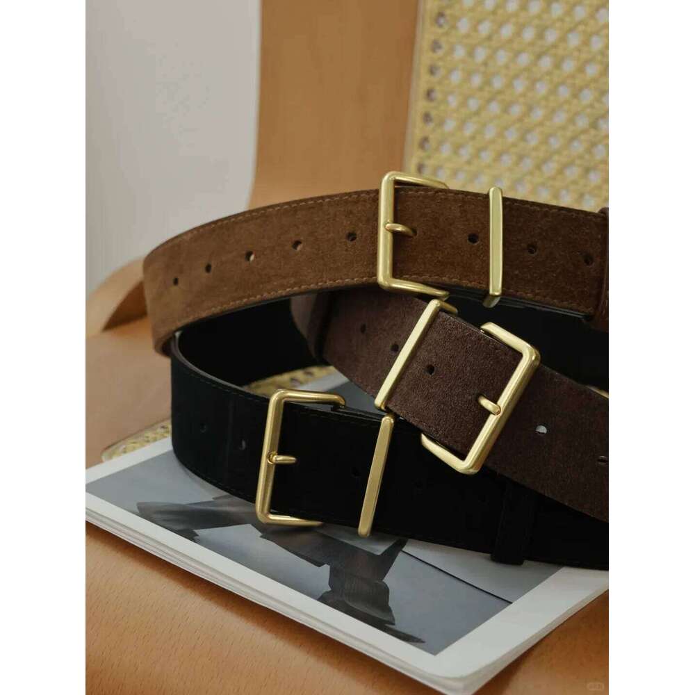 Vintage Genuine Women's Fashion Retro Brown Suede Belt Gold Buckle Leather Waistband for Dress Coat Jeans S260228