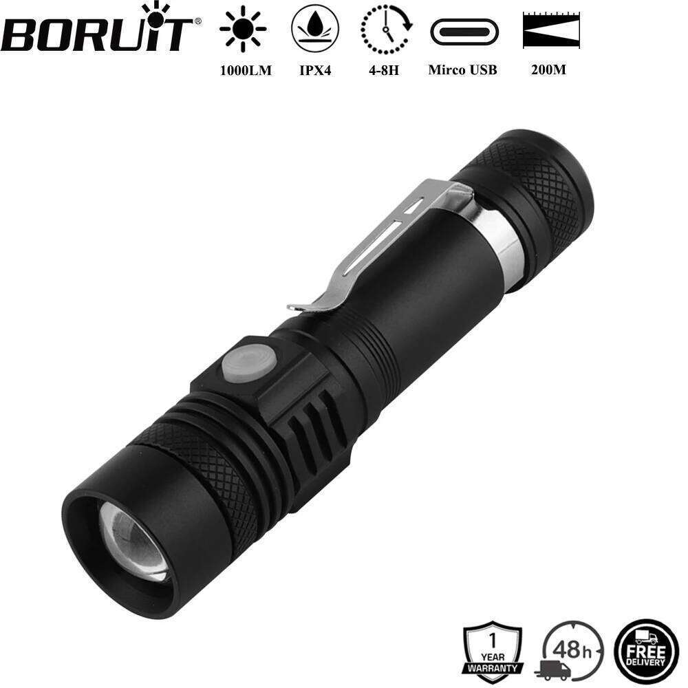 BORUiT C6 1000LM LED Zoomable Flashlight Mirco USB Rechargeable Torch Waterproof Camping Fishing Emergency Lantern Z260301