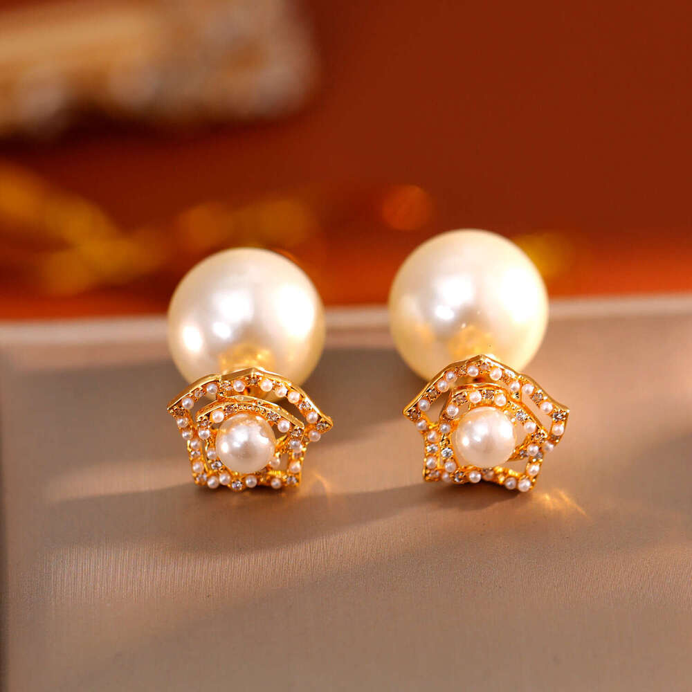Camellia Double-wear Pearl Zirconia Stud Earrings For Women Fashionable And Elegant High-end Earrings Trendy Ear Accessories