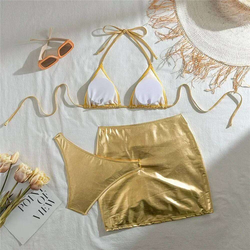 Gold Micro Thong String 3 Piece Bikini Set Damen Halter Swimwear Skirts Cover Ups Sexy Swimsuit Women 2026 Bathing Suit Bikinis Z260301