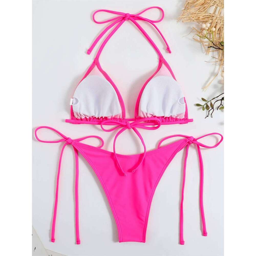 Sexy Brown Bikini 2025 Women Solid Red Halter Push Bra Tie Side Triangle Swimsuit Summer Bathing Suit Lace Up Micro Swimwear Z260301