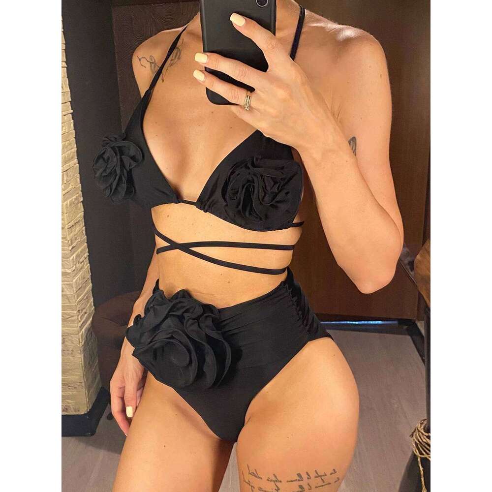 S - XL 3D Flowers Halter Female Swimsuit High Waist Women Swimwear Two-pieces Bikini set Bather Bathing Suit Swim V5372 Z260301