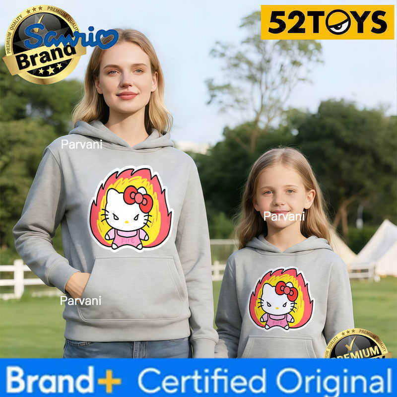 Sanrio 2026 Autumn-Winter Trending Hello Kitty Fire Print 100 Cotton Parent-Child Hoodies High Quality Loose Casual Comfortable Y2K H260302