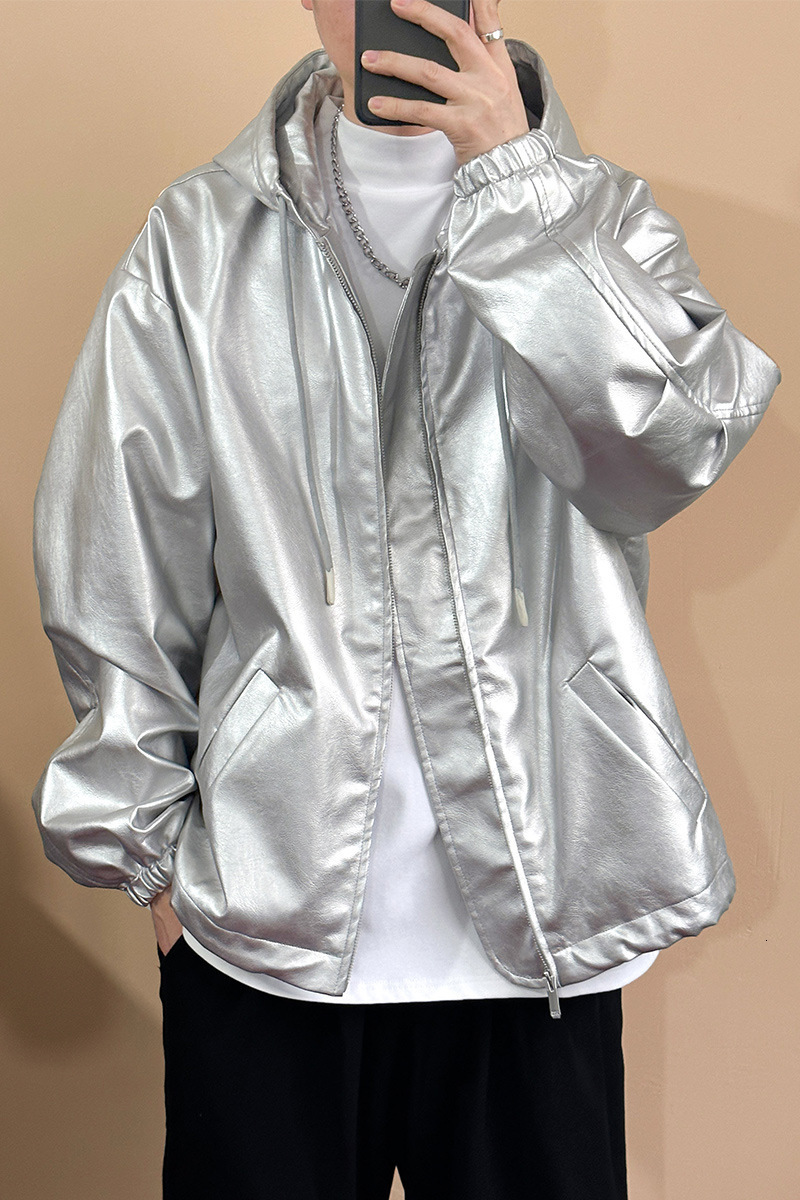 Mauroicardi Autumn Ultra Thin Waterproof Silver Pu Leather Jacket Mens Hooded Zipper Y2K Street Clothing 241112