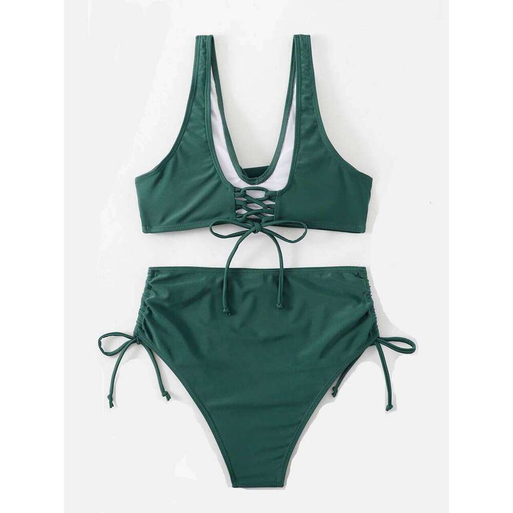 Sexy Tie Side Bikini Set Women Leaf Printed And Solid Swimwear Female Push Up Swimsuit High Waist Bathing Suit Summer Beachwear Z260301