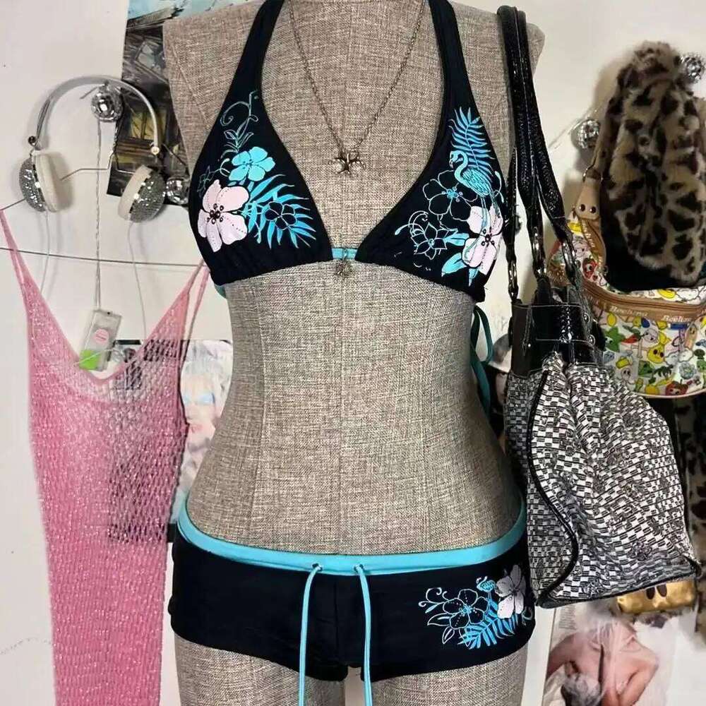 Y2K Vintage Floral Bikini Set Women 2025 Halter Triangle Tie-Back Thong High-Cut Swimwear Backless Two-Piece Beach Bathing Suit Z260301