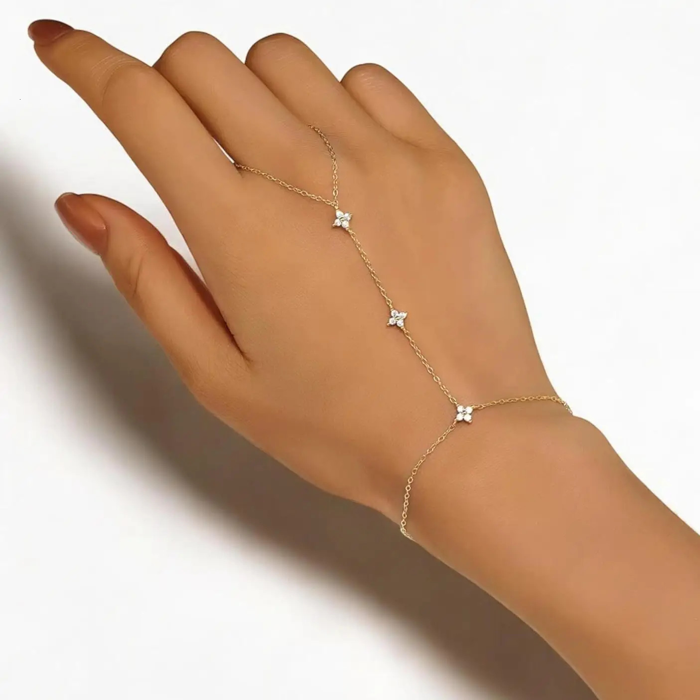 Women Bracelets Waterproof 14K Gold Ring Bracelet Hand Chain Dainty Daisy Cubic Zirconia Stackable Link Chain Hypoallergenic 260302
