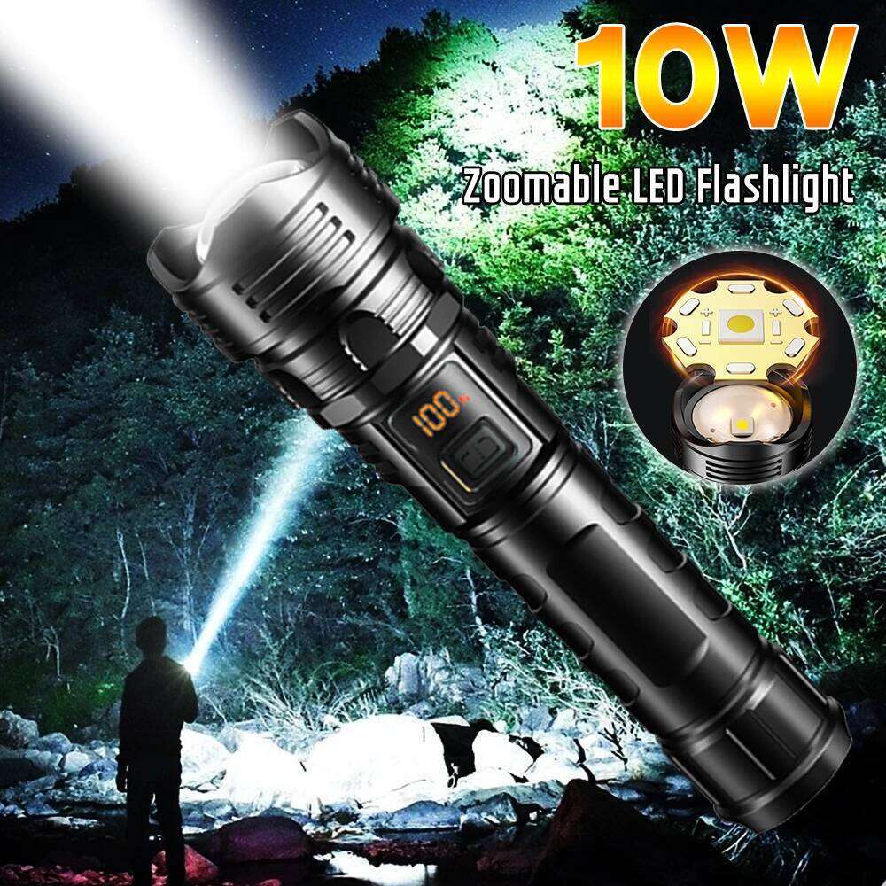 10W Zoomable With Power Display Rechargeable LED Flashlight Waterproof Strong Light Tactical Torch For Camping Hiking Z260301