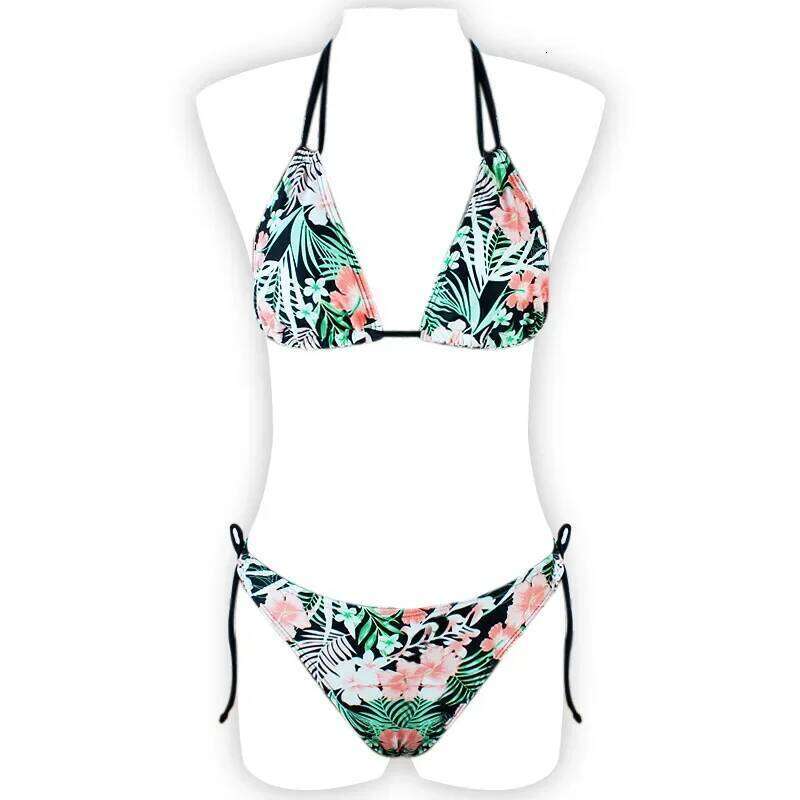 Women'S Split Sexy Print Bikini Swimwear Set Halter Neck Lace-Up Backless Low Waist Side Tied Beach Wear Ladies Bathing Suit Z260301