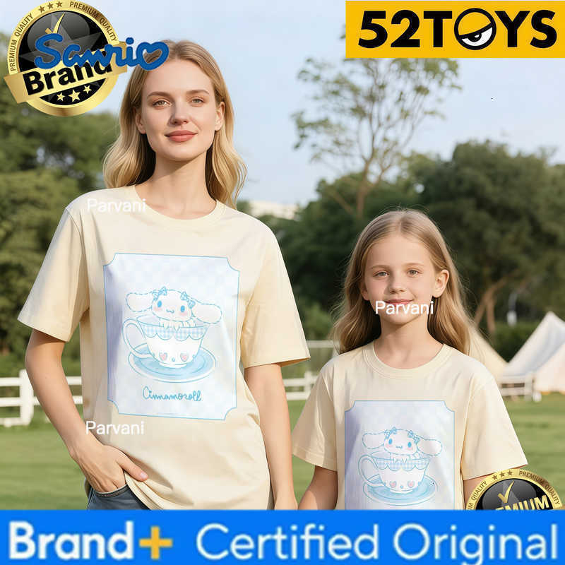Sanrio 2026 Autumn-Winter Trending Cinnamoroll Tea Cup Print 100 Cotton Parent-Child T-Shirts High Quality Loose Casual Clothing H260302