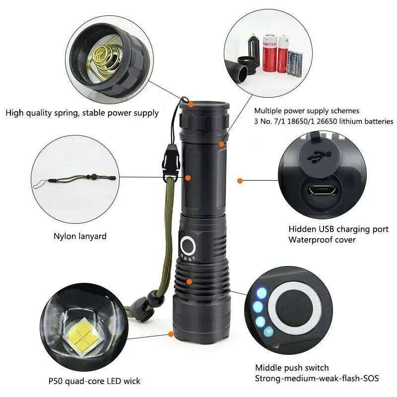 Telescopic Zoom Torch Powerful P50 Lamp Bead LED Flashlight Lantern 5 Lighting Mode USB Rechargeable Camping Emergency Light Z260301