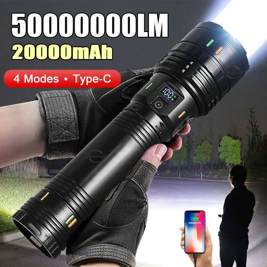 Super Powerful LED Flashlights 50000000LM Type-C Rechargeable Torch Lantern Tactical Flashlight Light 20000mAh Built-in Battery Z260301