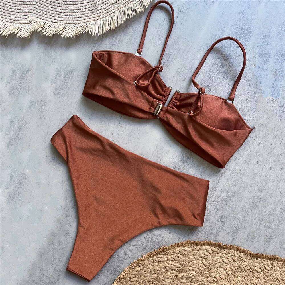 Brown Shiny U Shaped Bikini High Waist Sexy Swimsuit Women 2026 Wrinkled Solid Swimwears Bathing Suit Bandeau Bikinis Sets Mujer Z260301
