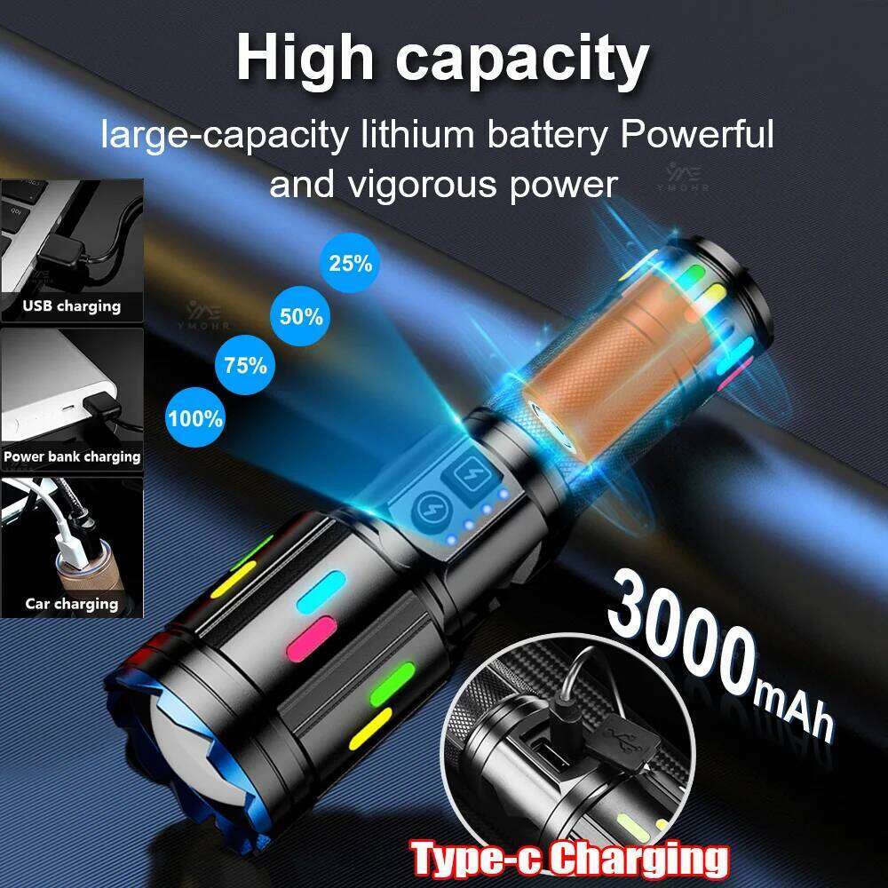 Super Bright Tactical Flashlight USB Rechargeable Torch With Fluorescent Strip Powerful 360 Camping Lamp For Outdoor Emergency Z260301