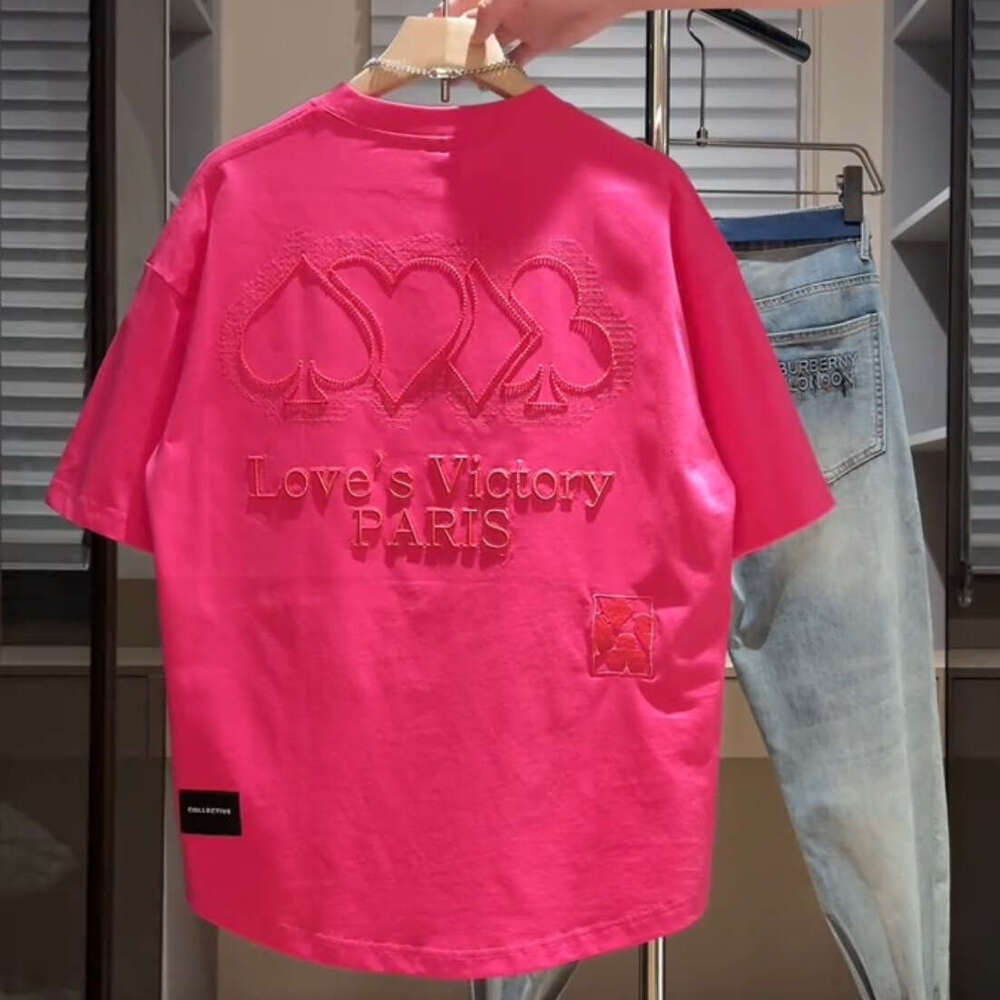 Summer New Heavy Embroidered Letter Crew Neck Short Sleeve Men's Trendy Loose Fit Breathable Turtleneck T-Shirt Base Shirt