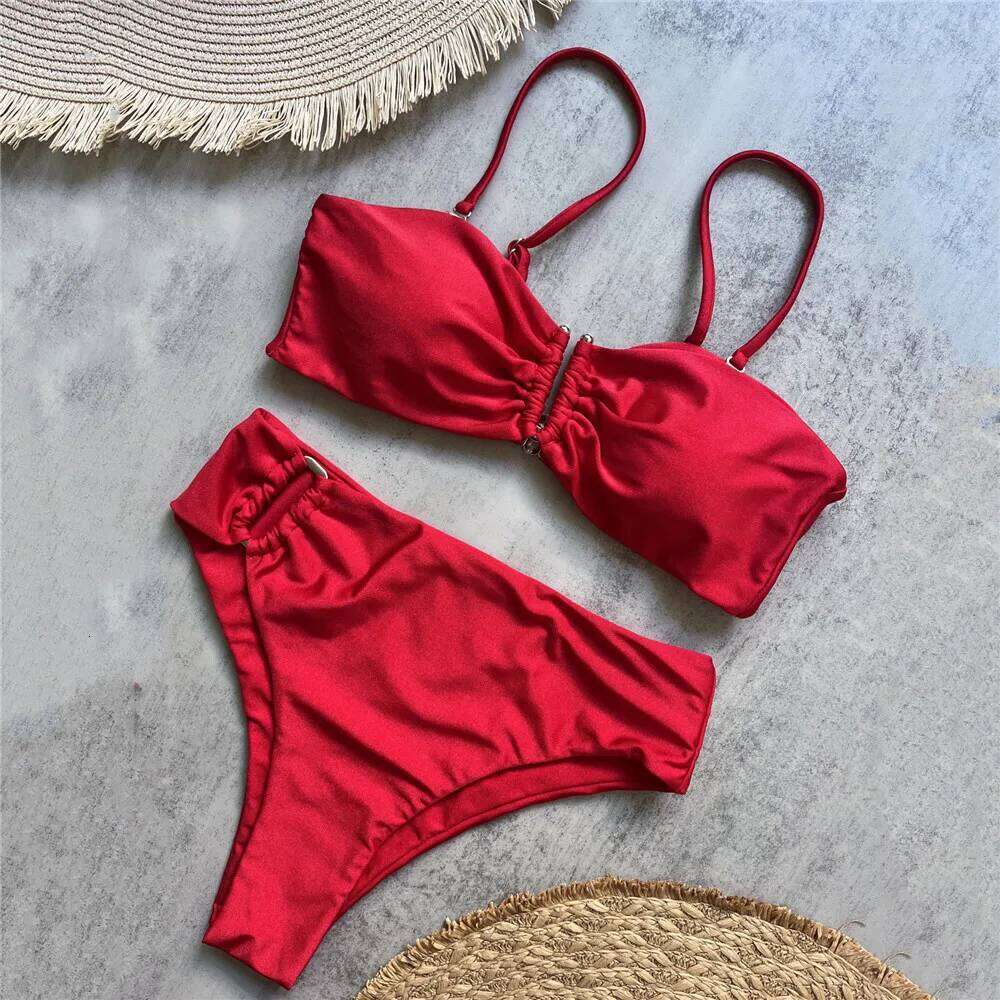 Brown Shiny U Shaped Bikini High Waist Sexy Swimsuit Women 2026 Wrinkled Solid Swimwears Bathing Suit Bandeau Bikinis Sets Mujer Z260301