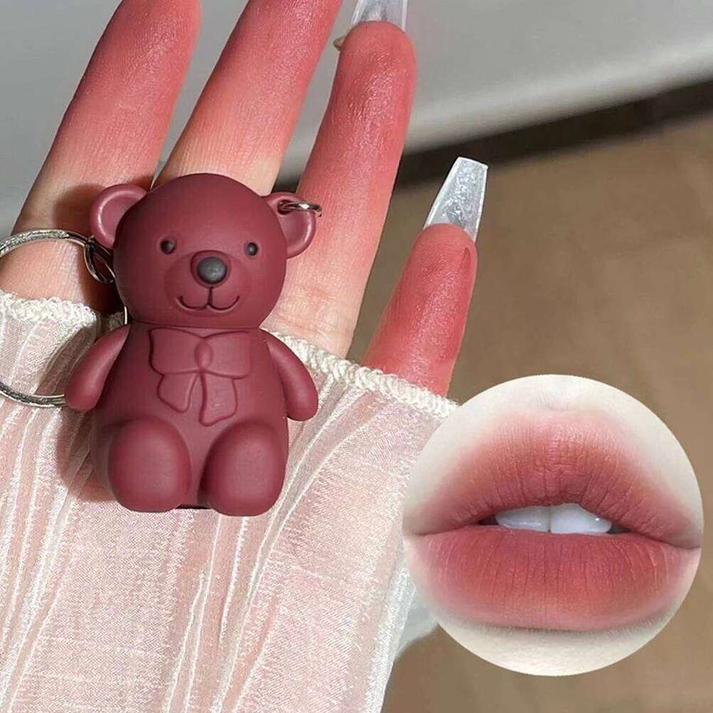 Keychain Design Cute Bear Matte Lipstick Velvet Glaze Sexy Red Lip Gloss Women Long Lasting Lip-Tint Mud Cosmetics H260302