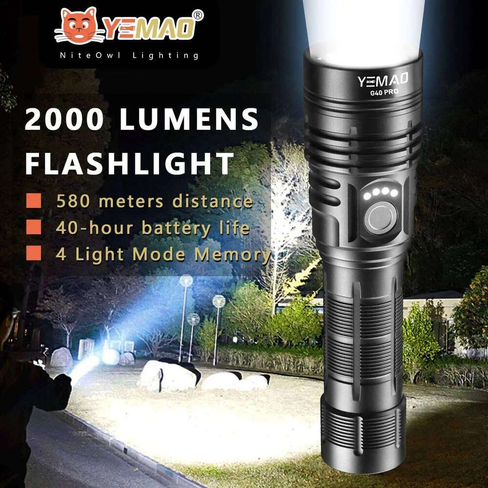 YEMAO Super Bright Tactical LED Flashlight Portable Built-In Rechargeable Waterproof Outdoor Lights For Emergency Searching Z260301