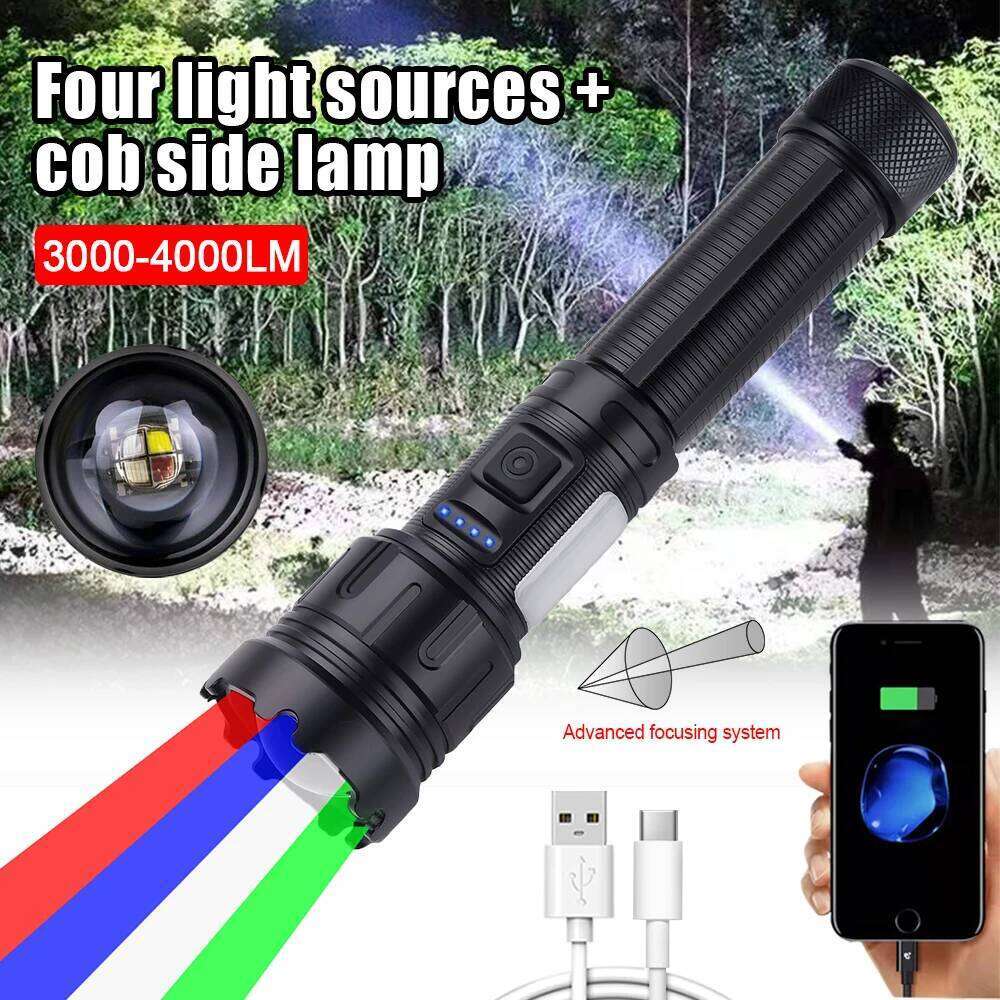 4 in 1 Zoomable Hunting Flashlight 30W 4000LM White+Green+Red+Blue 7 Modes Multi-color Outdoor Waterproof Type-C Charging Torch Z260301