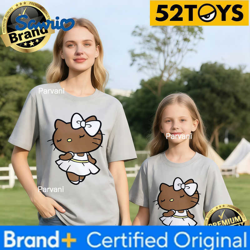 Sanrio 2026 Autumn-Winter Trending Brown Hello Kitty White Dress Print 100 Cotton Parent-Child T-Shirts High Quality Loose Casual H260302