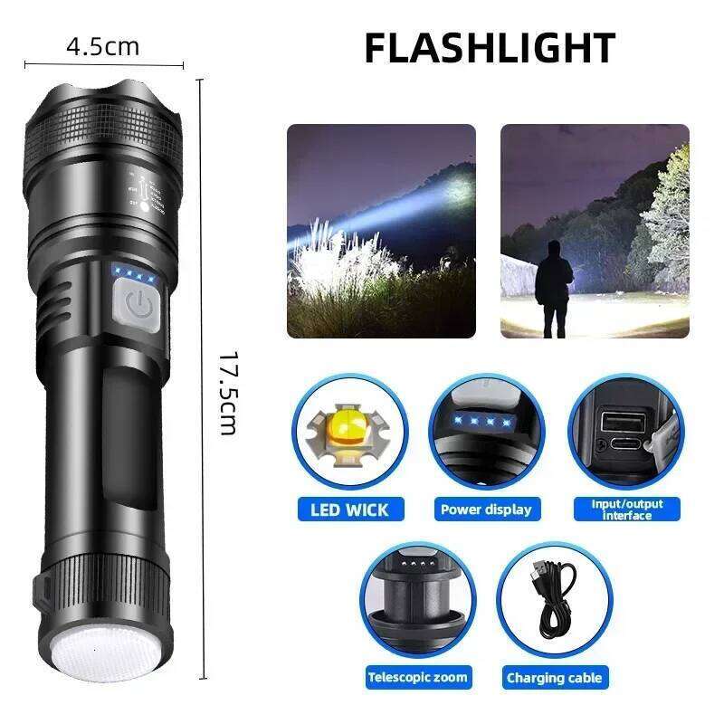 5000LM Ultra Bright Tactical Built-in Battery Powerful P70 LED Flashlights Emergency Spotlight Telescopic Zoom Flash Light Z260301
