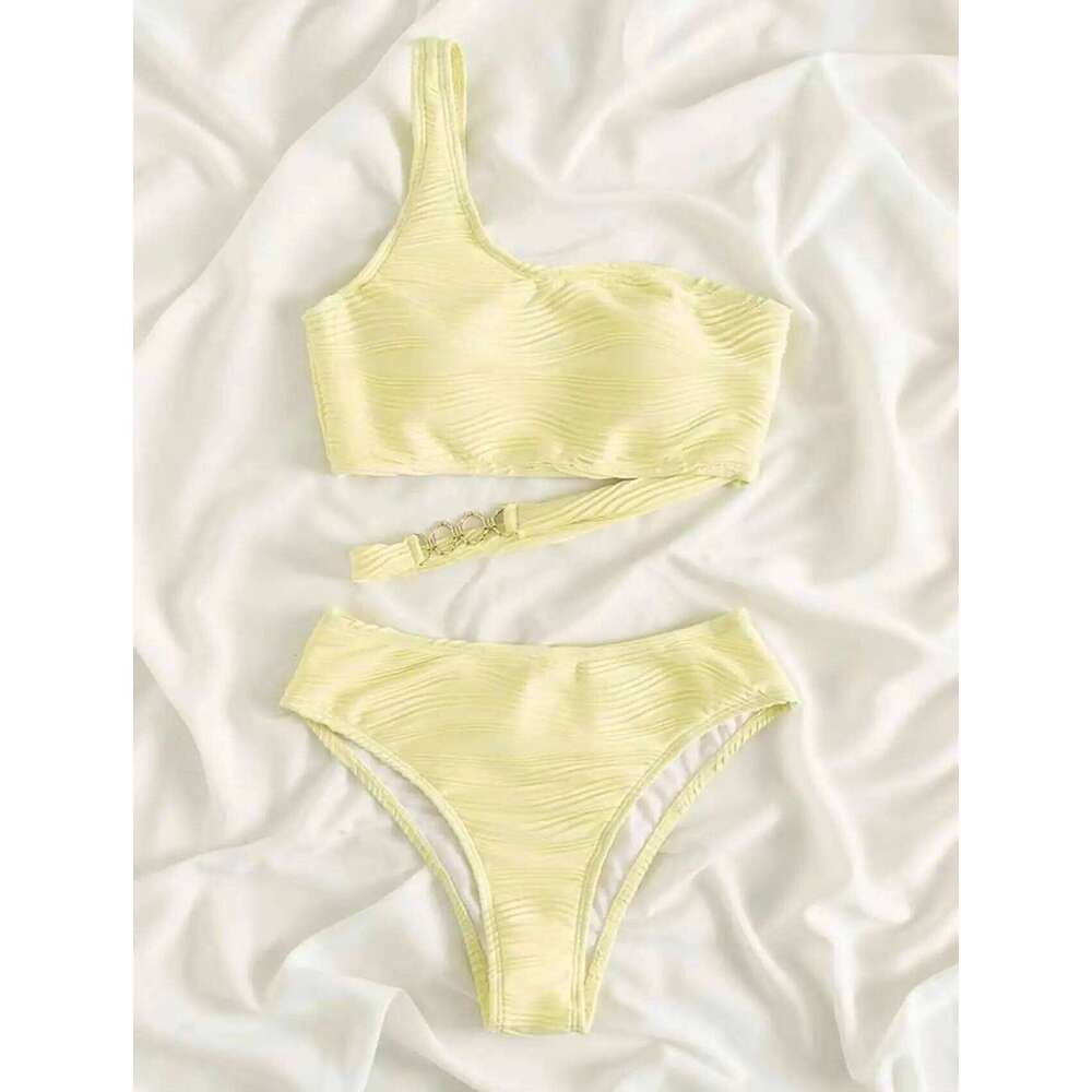 Sexy One Shoulder Wrinkled Metal Ring Women Swimwear Female Swimsuit Two-pieces Bikini set Bather Bathing Suit Swim Z260301