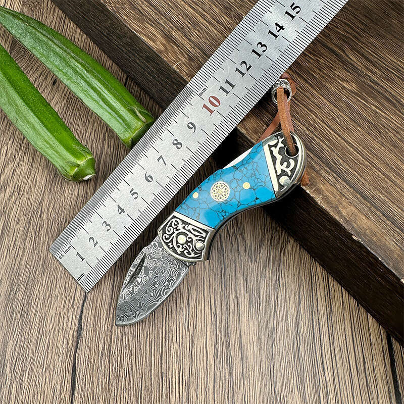 Cross-Border Blue Turquoise Handle Damascus Steel Folding Sharp Fruit Mini Key Knife Pocket Knife Outdoor Equipment
