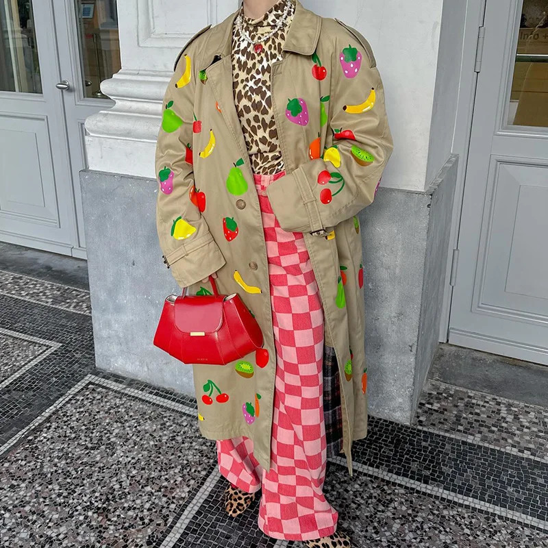 Fruit Pattern Print Wind Coat Single Breasted Turndown Collar Long Fashion Pocket Trench 2025 Spring Lady Outerwear 260228