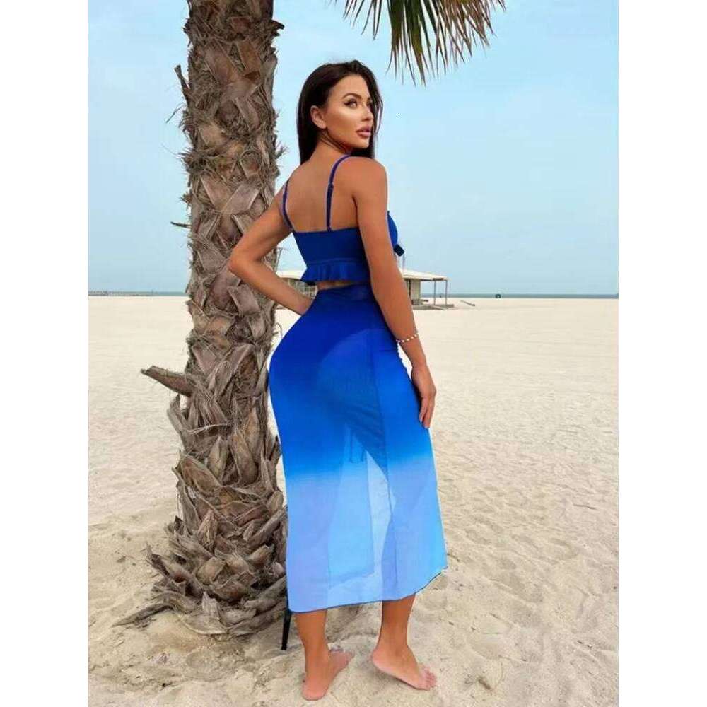 Sexy Blue Dye Gradient Bikini Set 2026 Women Front Tie Ruffles Push Up Skirt 3 Piece Swimsuit Beach Bathing Suit Swimwear Z260301
