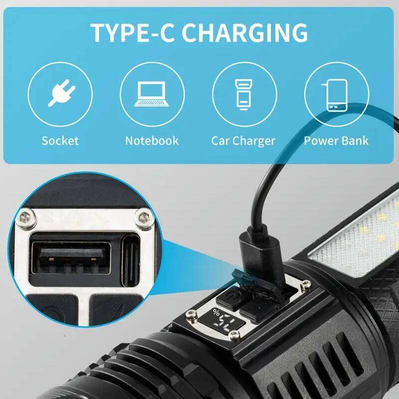 Super Big Flashlight USB Rechargeable Most Strong LED Tactical Torch Light Long Range Digital Power Display Built-in Battery Z260301