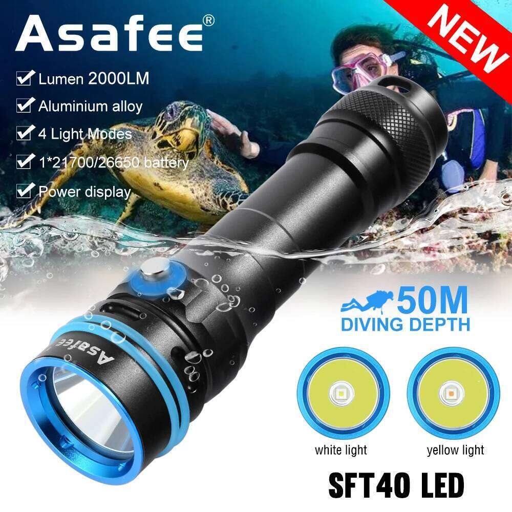 Asafee DT100 SFT40 LED Diving Flashlight 2000LM Power Light 50M Underwater IPX8 Waterproof Dive Spearfishing Lamp Scuba Torch Z260301