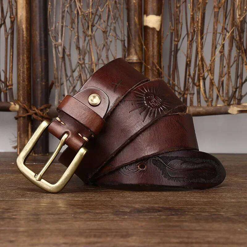 3.8 Cm Pure Cowhide Genuine Leather for Men High Quality Brass Buckle Belts Cowboy Waistband Male Carved Western Jeans Strap S260228
