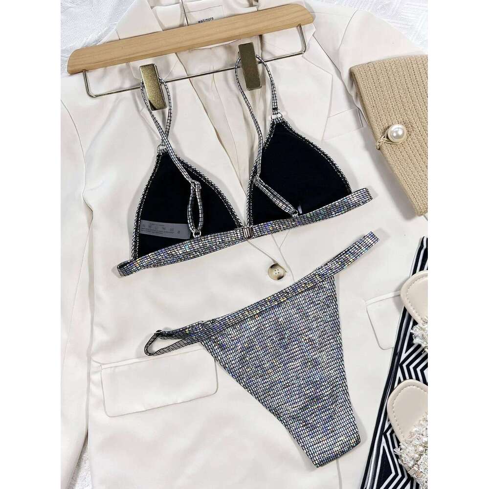 2025 Summer Women's Sequin Swimsuit Sexy Backless Push Up Thong Bathing Suit Micro Bikini Set High Waist Swimwear Beach Biquini Z260301