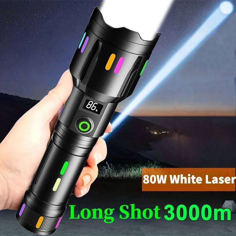 5000LM Long-Range White Laser Flashlight TYPE-C Rechargeable Camping Torch Zoomable Search Spotlight with Luminous Strips Z260301