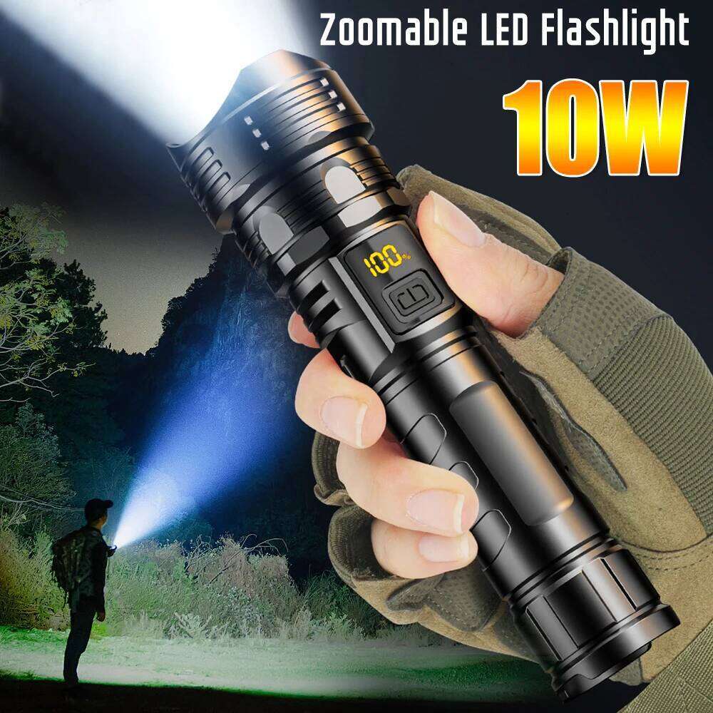 10W Zoomable With Power Display Rechargeable LED Flashlight Waterproof Strong Light Tactical Torch For Camping Hiking Z260301